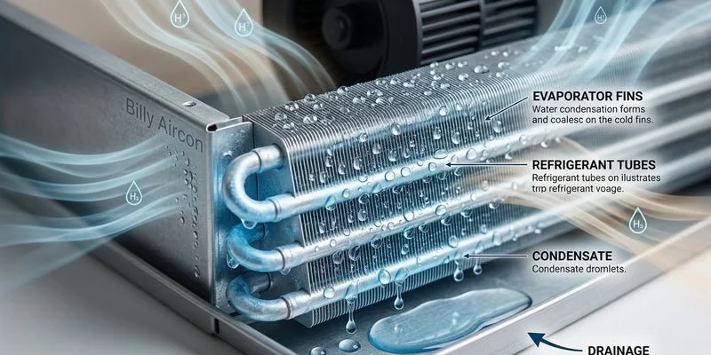 Aircon indoor unit with water droplets on the evaporator coil demonstrating the dehumidification process in cooling mode