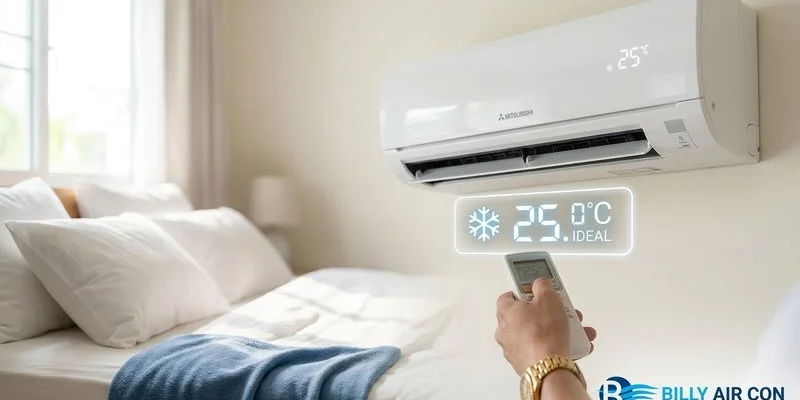 Bedroom with aircon set to 25 degrees showing the ideal sleeping temperature for Singapore climate