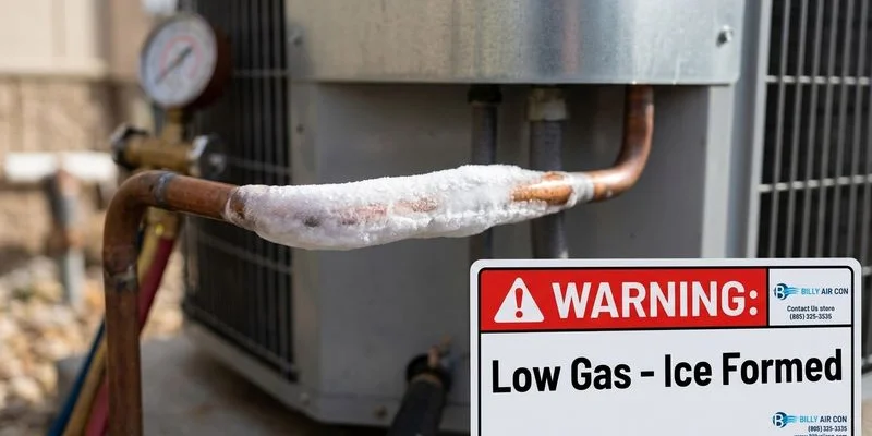 Ice forming on aircon copper pipes indicating low refrigerant gas levels