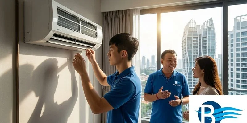 Professional aircon installation team working on a multi-split system in a condo