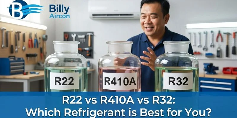 Comparison chart showing R22 R410A and R32 refrigerant types used in Singapore aircons