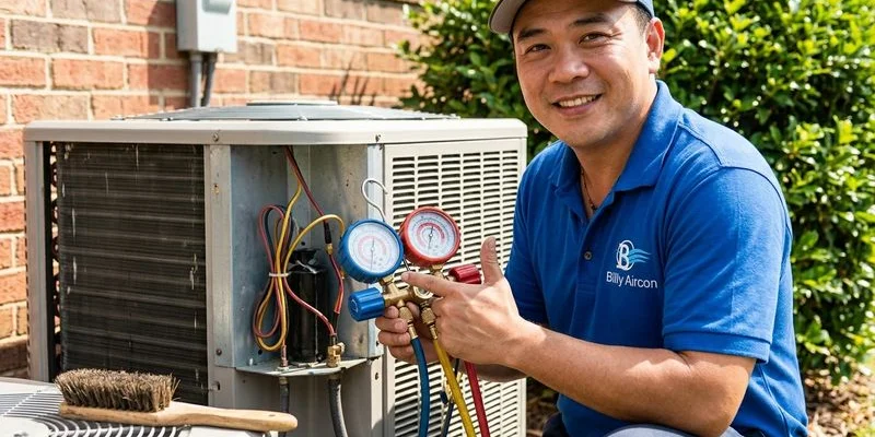 Aircon technician inspecting and repairing a malfunctioning outdoor compressor unit