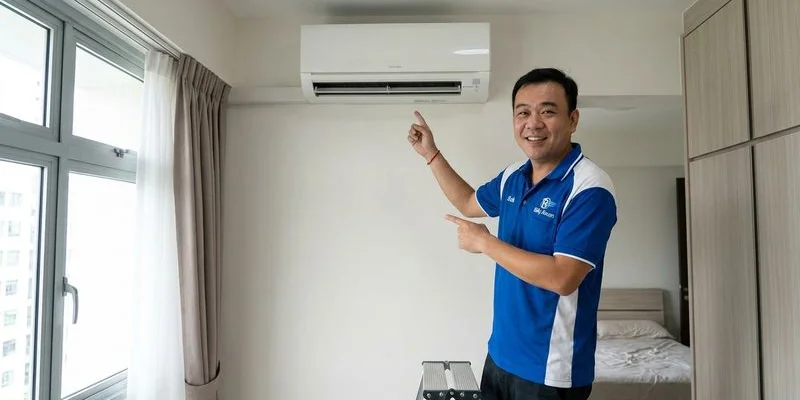 Modern wall-mounted split aircon unit installed in a Singapore HDB bedroom