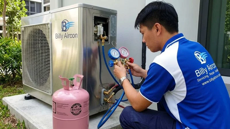 Technician adding R410A refrigerant to aircon outdoor condenser unit