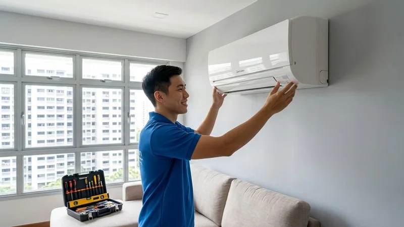 Aircon installer mounting an indoor wall unit with proper bracket alignment in a new HDB flat