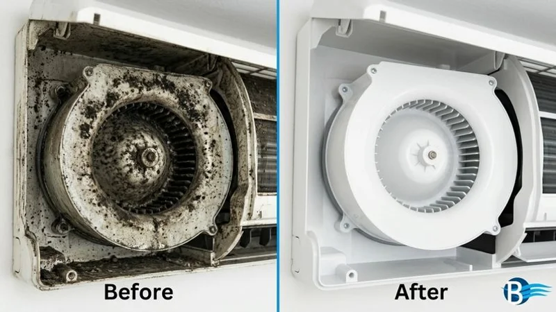 Before and after comparison of an aircon blower fan showing the difference a chemical wash makes