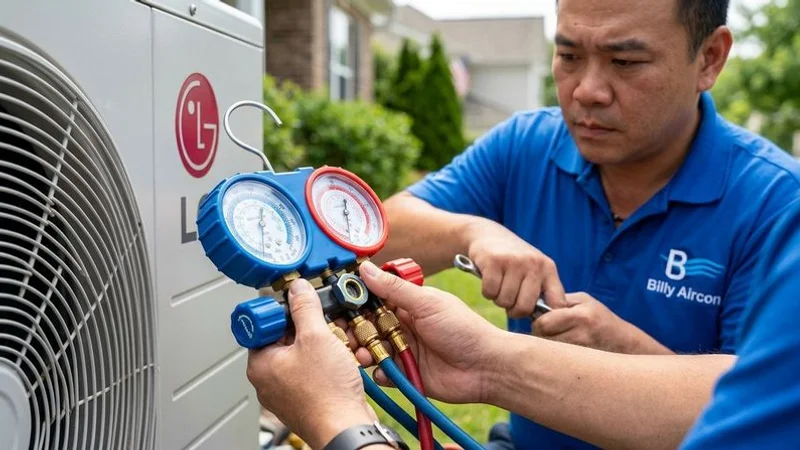 Technician checking LG aircon outdoor unit refrigerant pressure with gauges in Singapore