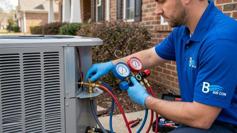 Technician using pressure gauges to check for refrigerant issues causing aircon water leak