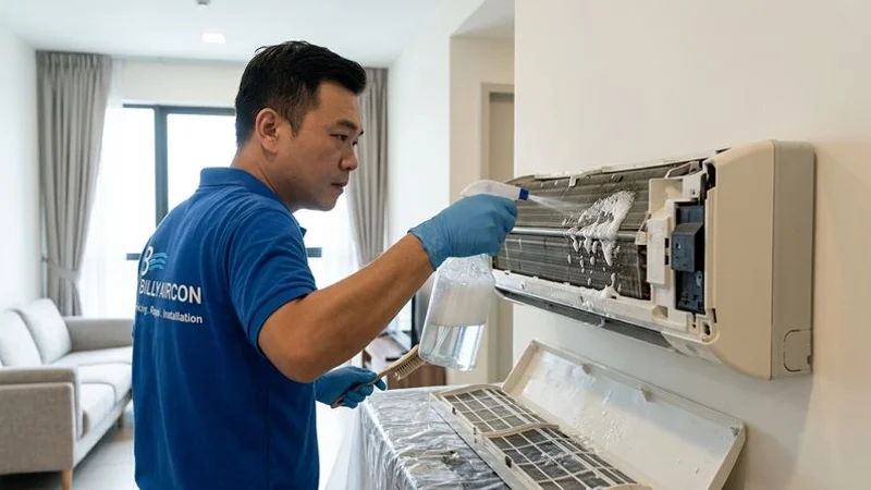 Aircon technician applying chemical solution to wall-mounted unit in a Singapore condo bedroom