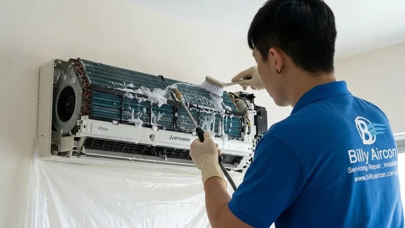 Technician performing a chemical wash on a Mitsubishi indoor aircon unit with protective sheeting