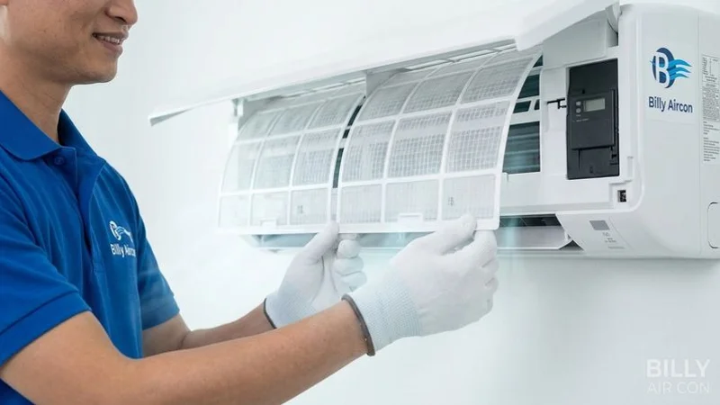 Freshly cleaned Panasonic aircon filters laid out after professional servicing by Billy Aircon