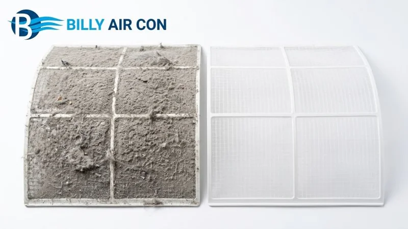 Close-up of a clean versus dirty aircon filter showing the difference regular servicing makes