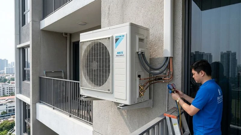 Daikin MKS multi-split outdoor condenser unit mounted on a Singapore condo wall bracket