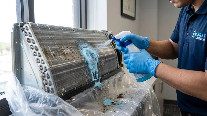 Aircon evaporator coil being cleaned with chemical solution during a professional chemical wash