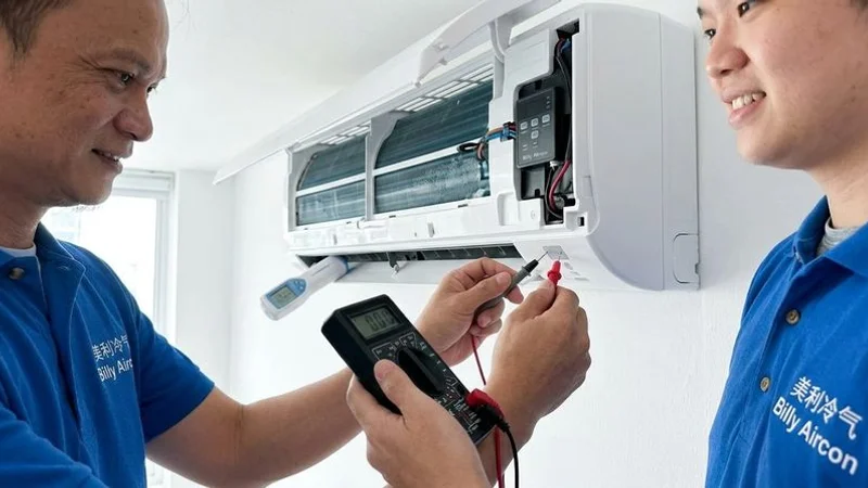 Technician performing final testing of newly installed aircon system checking temperature output