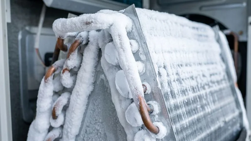 Frost and ice formation on aircon evaporator coil indicating low refrigerant gas levels