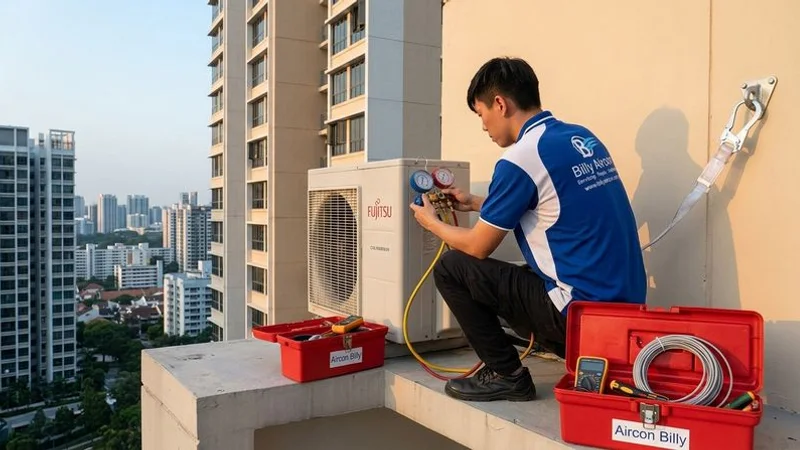 Technician inspecting Fujitsu General outdoor compressor unit on a Singapore condenser ledge