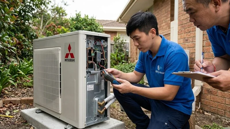 Close-up of a Mitsubishi aircon outdoor compressor unit being inspected during routine servicing