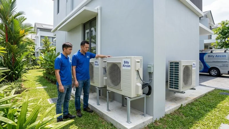 Multiple outdoor condenser units properly mounted with adequate spacing at a landed property