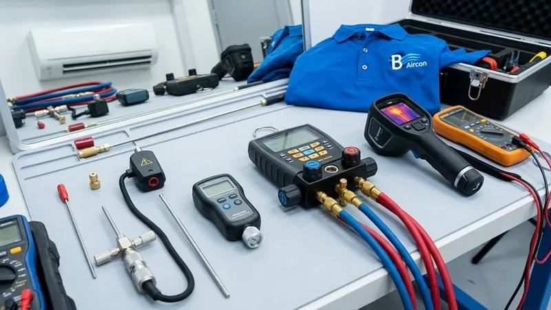 Aircon diagnostic tools including pressure gauges and multimeter used for professional troubleshooting