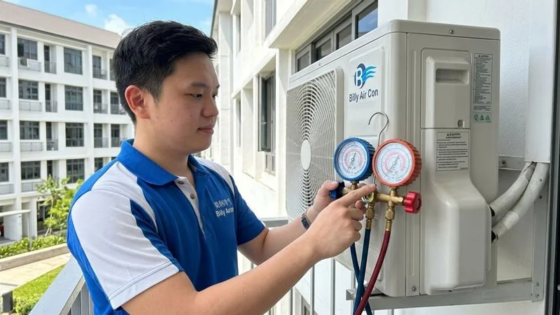 Aircon technician connecting pressure gauges to outdoor unit for refrigerant gas level check