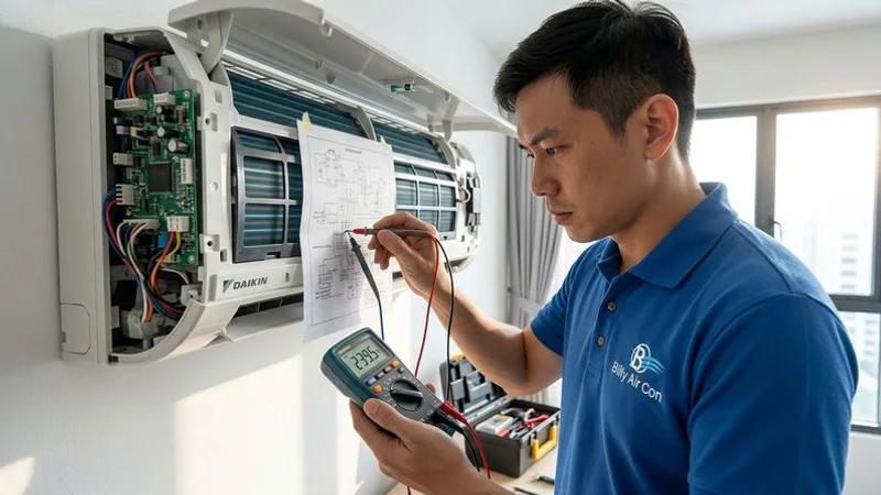 Billy Aircon technician diagnosing a Daikin wall-mounted aircon unit with digital multimeter