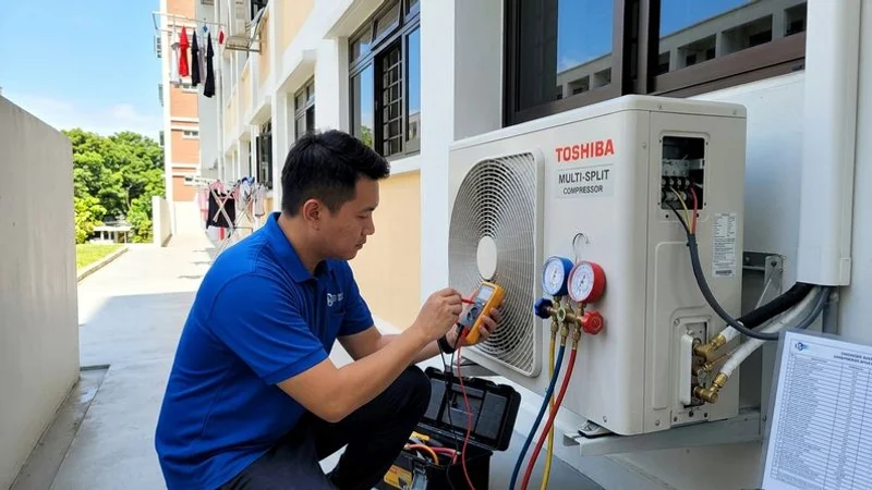 Billy Aircon technician diagnosing a Toshiba outdoor compressor unit at a Singapore HDB block