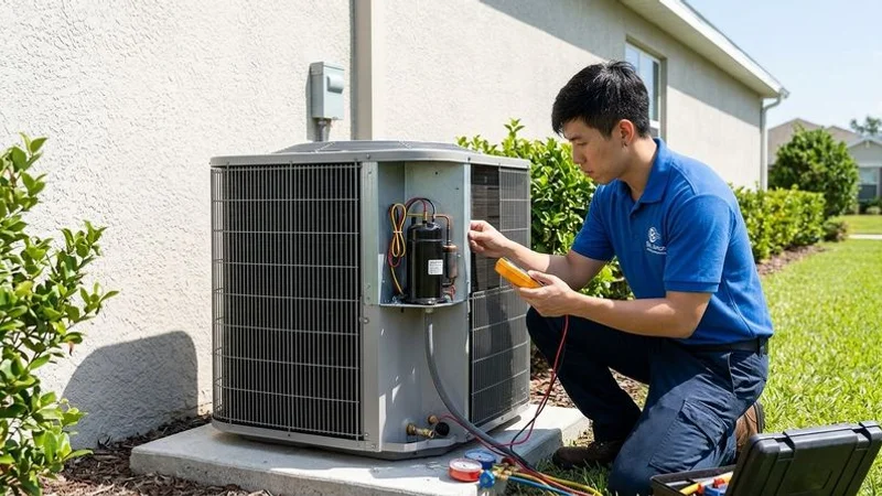 Technician inspecting aircon outdoor condenser unit to diagnose compressor and cooling issues