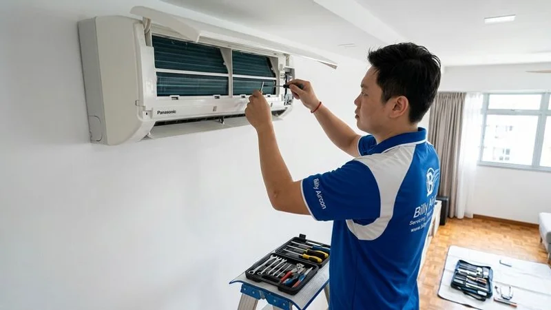 Billy Aircon technician servicing a Panasonic CS/CU split system in a Singapore HDB flat