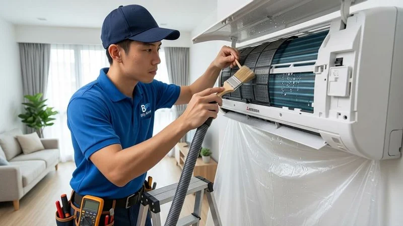 Aircon technician performing routine maintenance on a wall-mounted split unit in a Singapore HDB flat