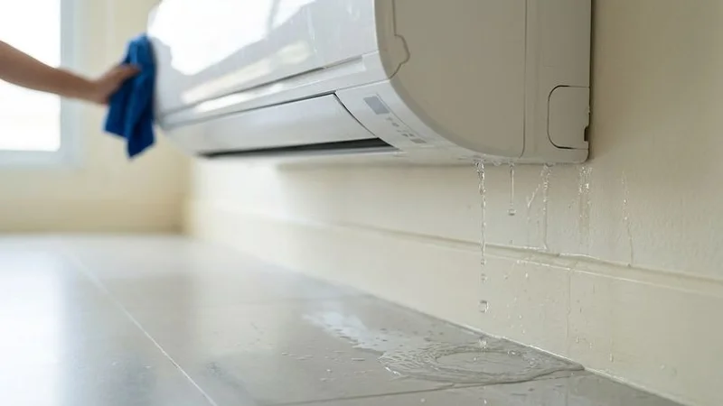 Water dripping from wall-mounted aircon unit onto floor in a Singapore HDB flat